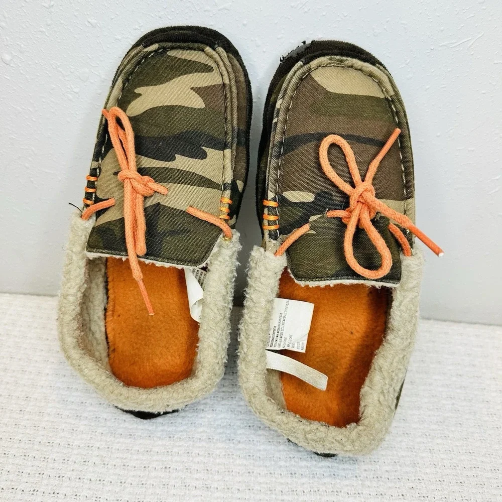 Kids Camo Slippers Moccasin Green Faux Fur Slippers Youth Soft Cozy Size‎ 4/5